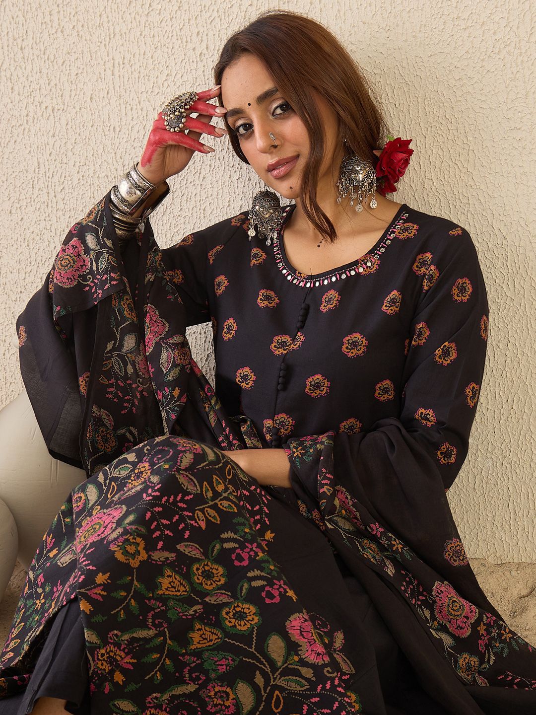 Dhiyona IE Floral Printed Round Neck Anarkali Pure Cotton Kurta With Trousers & With Dupatta