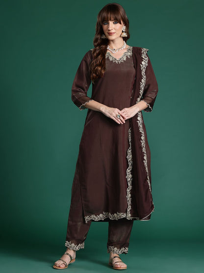 Dhiyona IE Floral Embroidered Liva Kurta with Trousers & With Dupatta