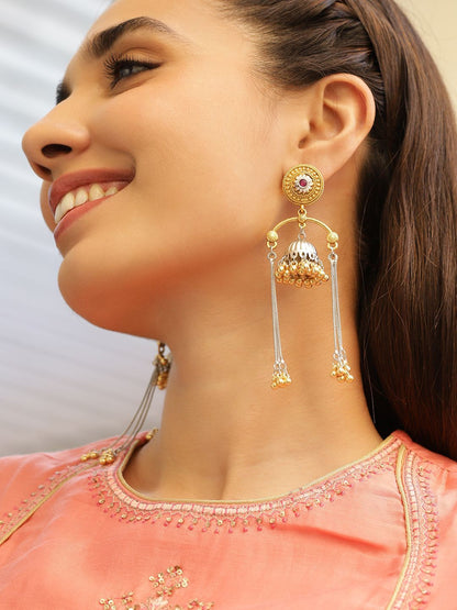 Dhiyona RJ Women's Dual-Tone Oxidised Silver-Plated Gold Beaded Dome Jhumka with Ruby & Chain Dangles