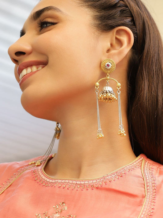 Dhiyona RJ Women's Dual-Tone Oxidised Silver-Plated Gold Beaded Dome Jhumka with Ruby & Chain Dangles