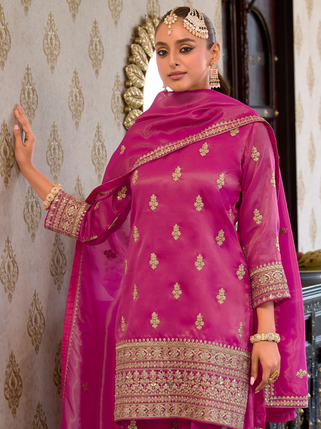 Women Ethnic Motifs Embroidered Mirror Work Kurta with Palazzos & With Dupatta