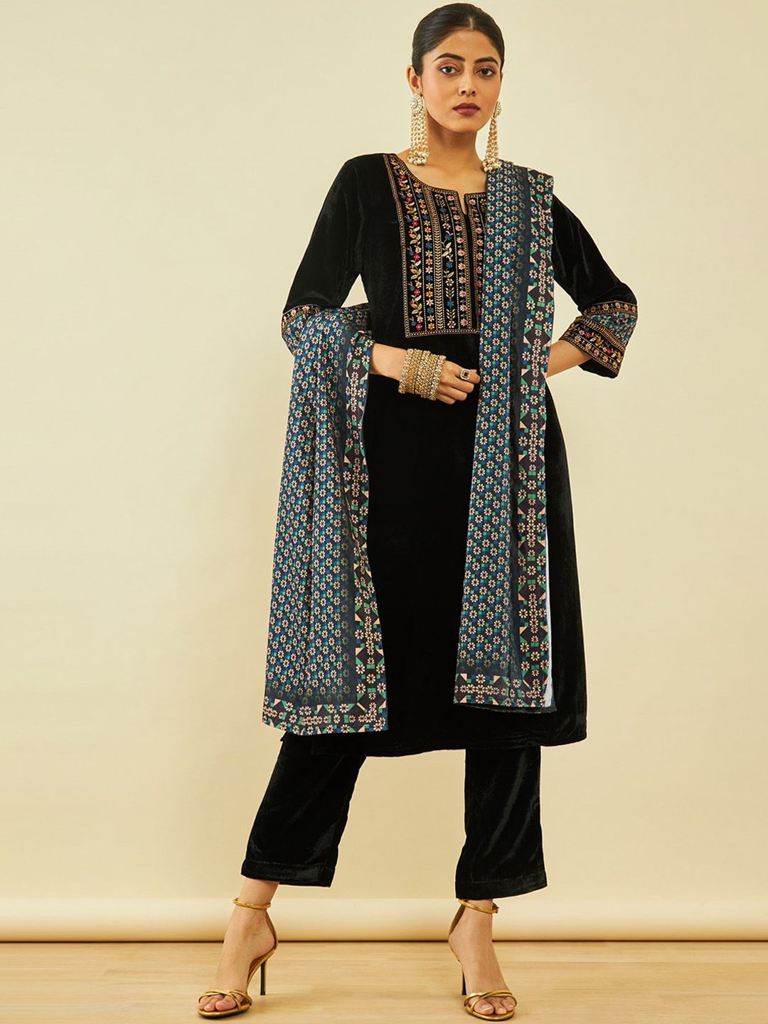 Dhiyona SO Women's Floral Yoke Design Regular Thread Work Velvet Kurta With Trousers & Dupatta