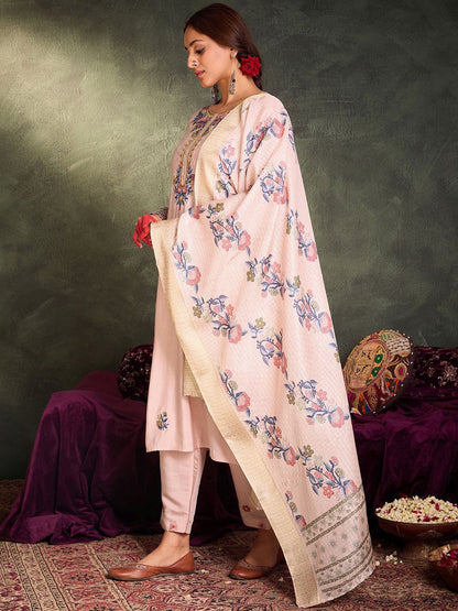 Dhiyona IE Floral Embroidered Thread Work Straight Kurta With Trousers And Dupatta
