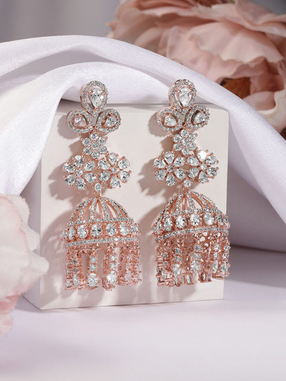 Dhiyona RJ Women's 22K Rose Gold-Plated AAA Cubic Zirconia Studded Dome-Shaped Jhumkas Earrings
