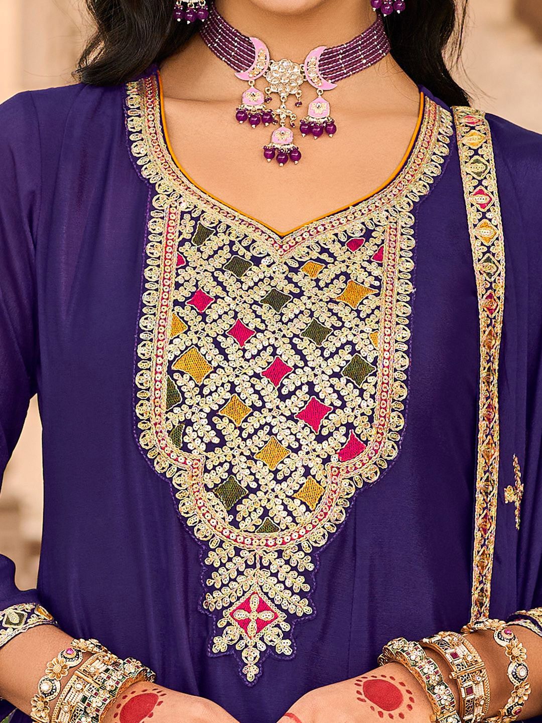 Floral Embroidered Sweetheart Neck Sequinned A-Line Kurta Dhoti Pants & Dupatta