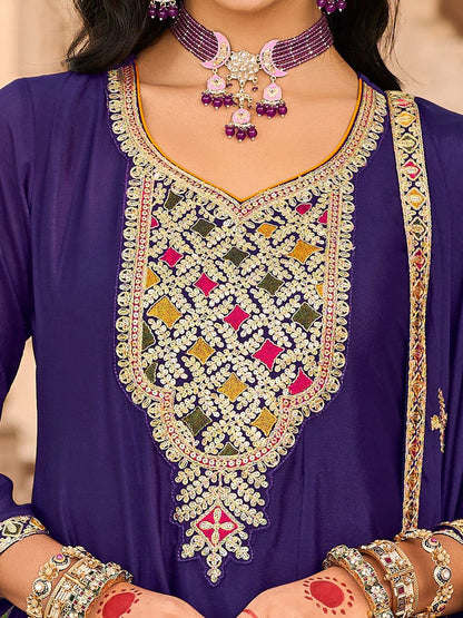 Floral Embroidered Sweetheart Neck Sequinned A-Line Kurta Dhoti Pants & Dupatta