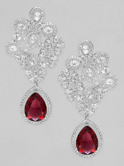 Dhiyona RJ Women's Silver-Toned & Red Classic Drop Earrings