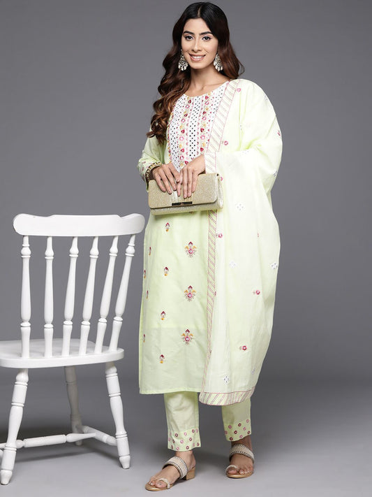 Dhiyona VA Women's Floral Embroidered Regular Mirror Work Pure Cotton Kurta with Trousers & With Dupatta