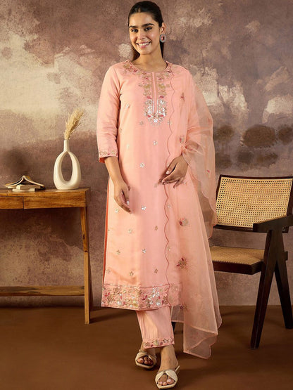 Women Floral Embroidered Round Neck Sequinned Kurta with Trousers & Dupatta