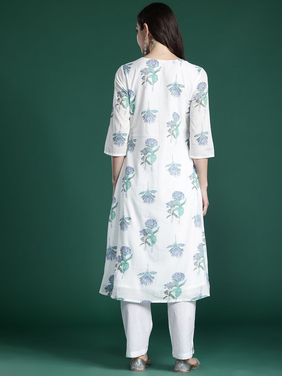 Dhiyona IE Floral Printed Pleated Pure Cotton Kurta with Trousers