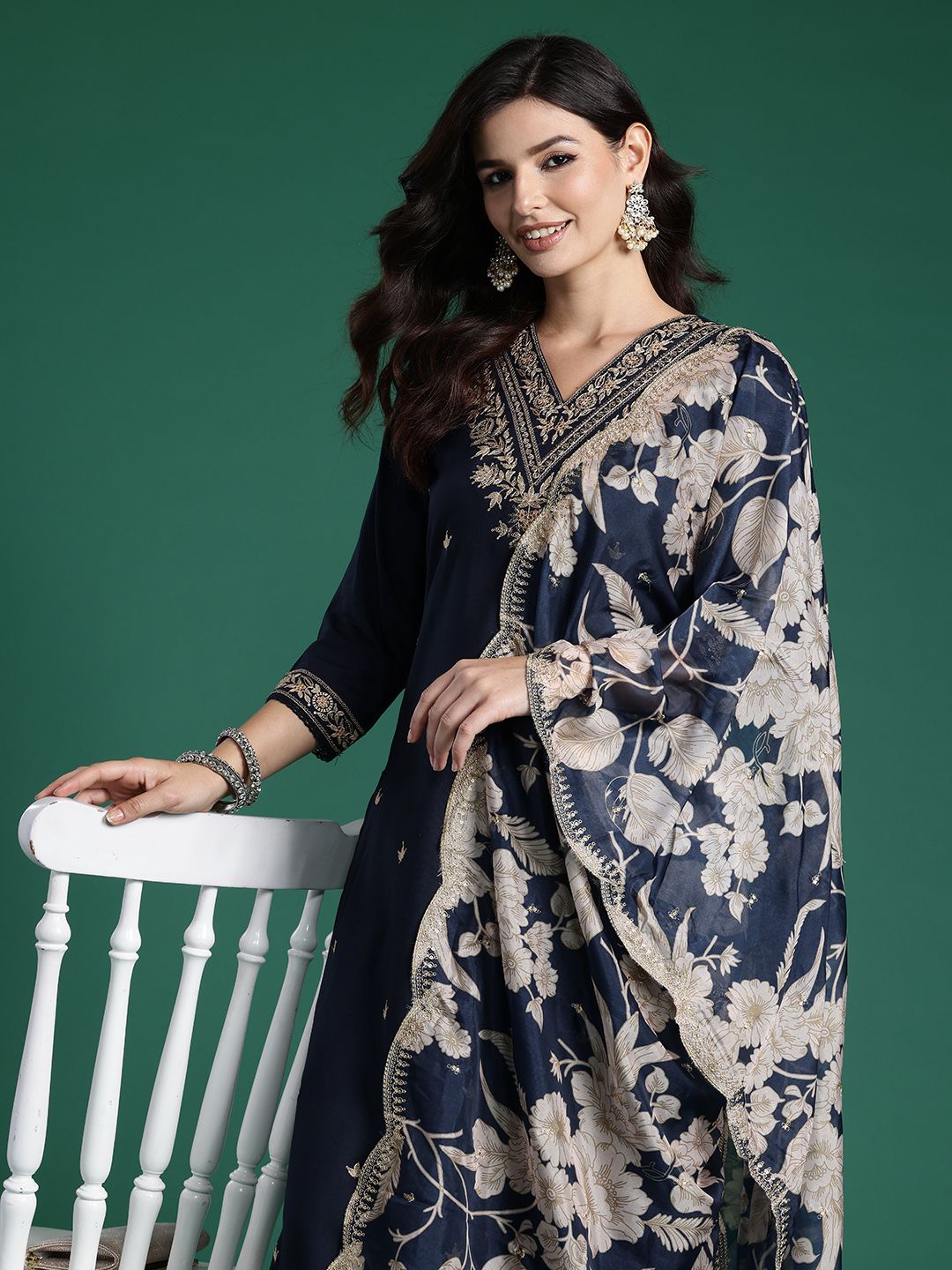 Ethnic Motifs Embroidered Sequinned Kurta with Salwar & With Dupatta