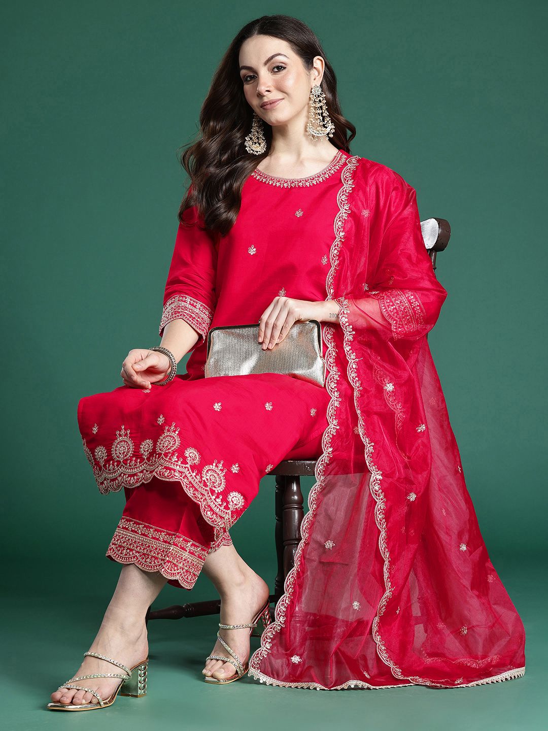 Ethnic Motifs Embroidered Sequinned Kurta With Trousers & Dupatta