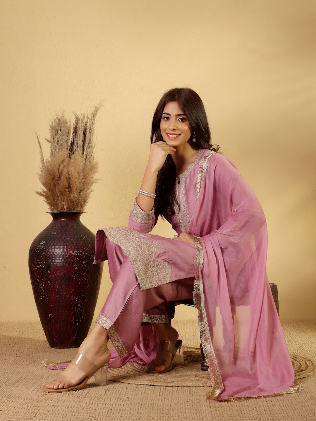Dhiyona PD Women Embroidered Notch-Neck Straight Kurta With Trousers And Dupatta