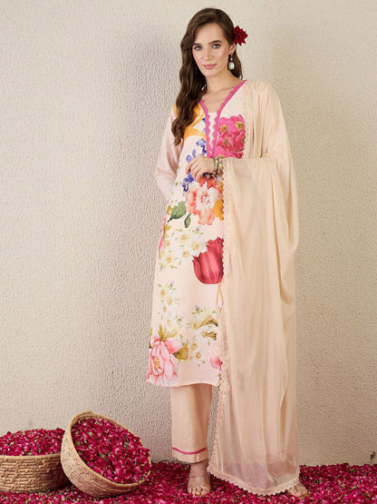 Women Floral Printed Linen Kurta with Trousers & Dupatta