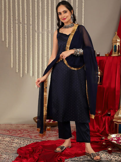 Dhiyona VA Women'sWoven Design Shoulder Straps Anarkali Kurta & Trousers With Dupatta