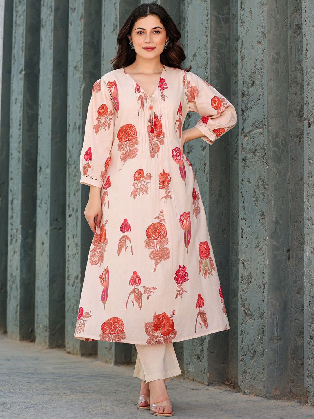 Dhiyona IE Printed Pure Cotton V-Neck Tunic With Trousers Co-Ords