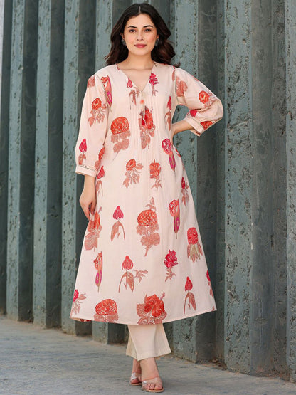 Dhiyona IE Printed Pure Cotton V-Neck Tunic With Trousers Co-Ords