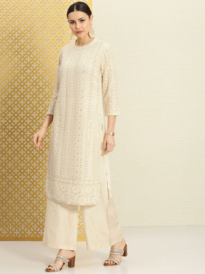 Dhiyona PD Women Women Jashn Round Neck Sequinned Embroidered Kurta With Palazzo