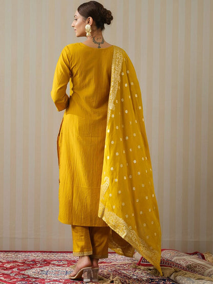 Dhiyona OD  Yellow Ethnic Motifs Straight Kurta & Trousers With Dupatta