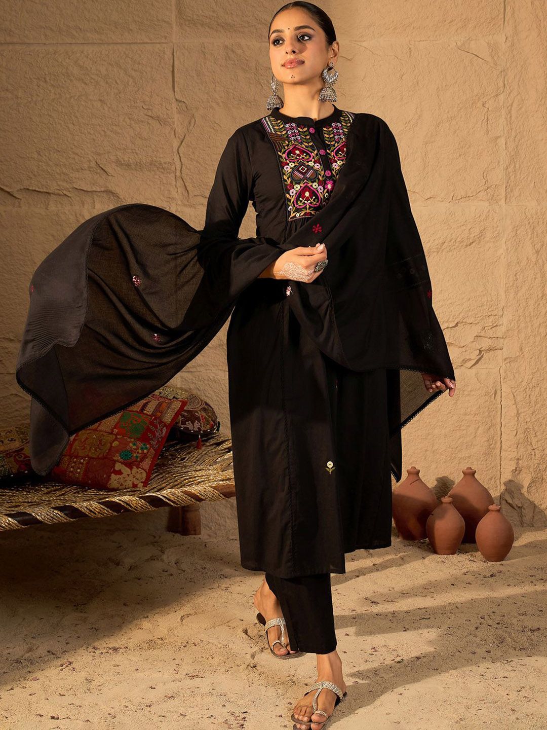 Ethnic Motifs Thread Work Pure Cotton A-Line Kurta & Trousers with Dupatta