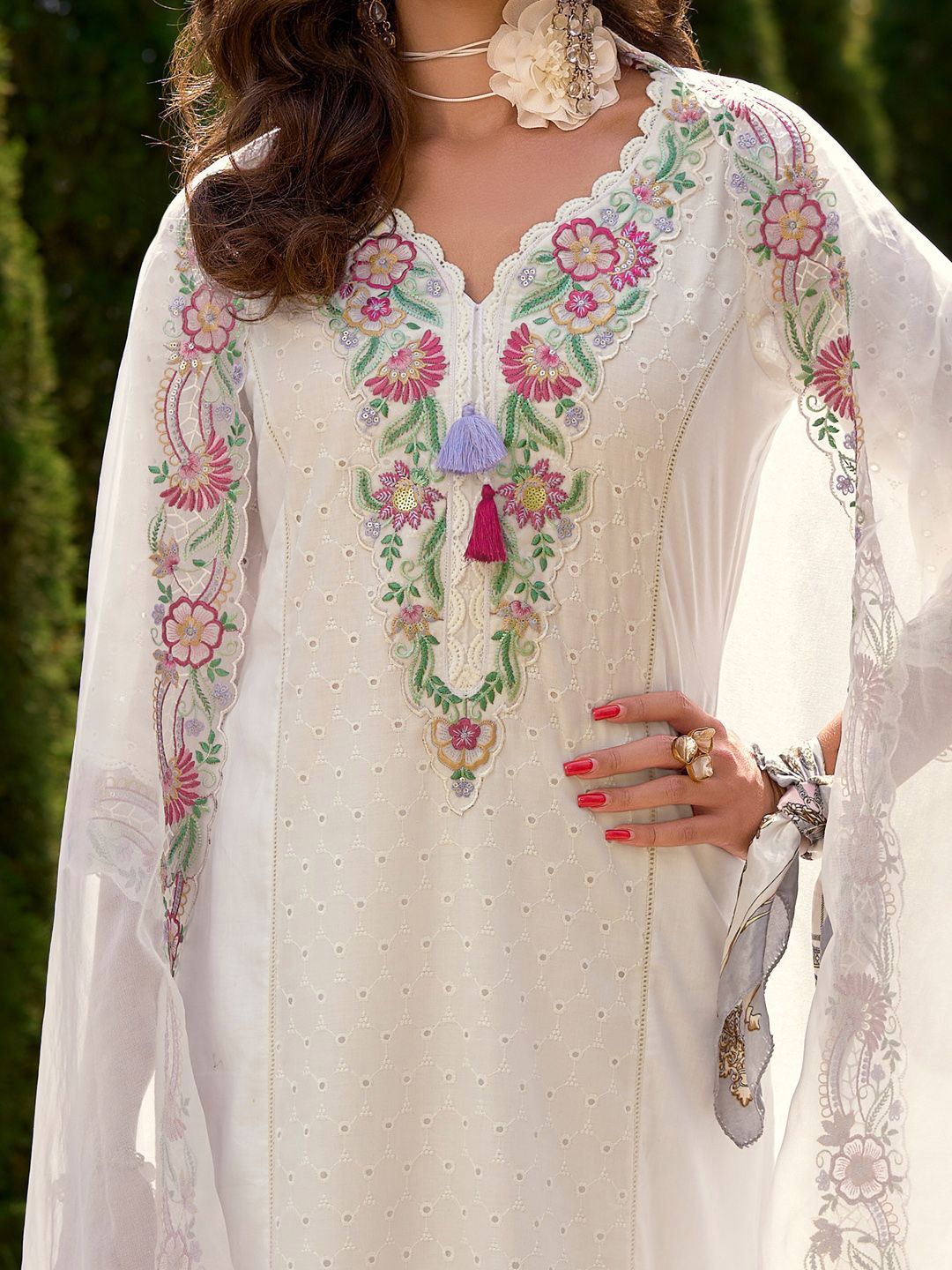 Women Floral Embroidered Regular Sequinned Pure Cotton Kurta & Trousers & Dupatta