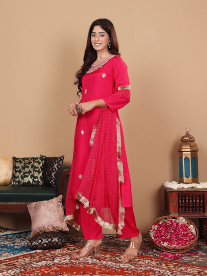 Dhiyona VA Women's Pink pure silk zardozi & floral embroidered kurta with trousers & dupatta