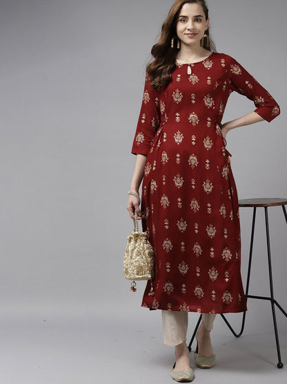 Dhiyona IE Women Maroon Ethnic Motifs Printed Keyhole Neck Anarkali Kurta