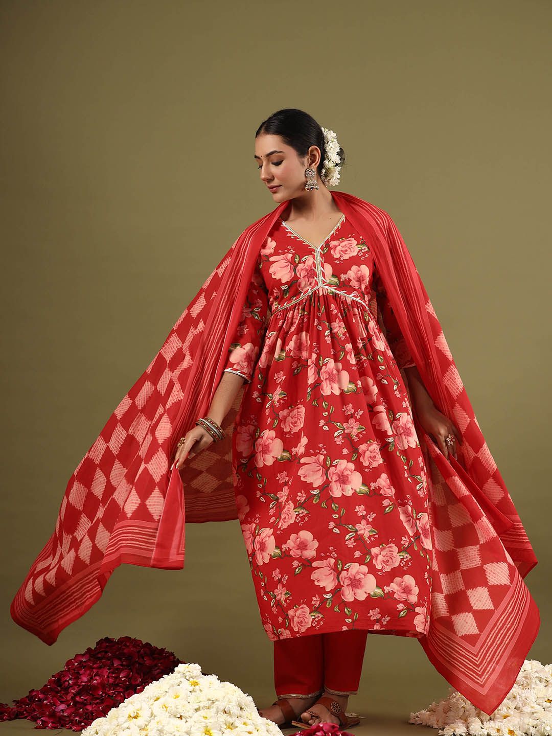 Floral Printed Empire Gotta Patti Pure Cotton Kurta with Trousers & Dupatta