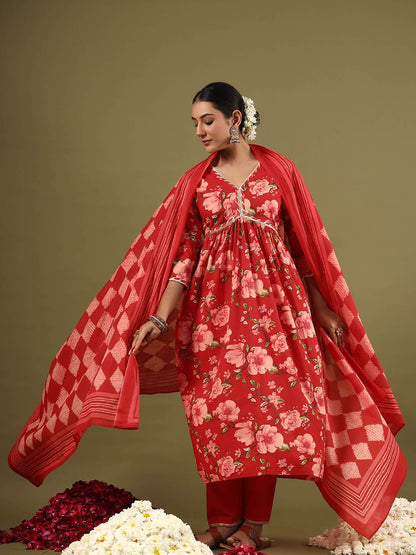 Floral Printed Empire Gotta Patti Pure Cotton Kurta with Trousers & Dupatta