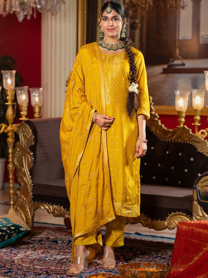 Dhiyona IE Floral woven Design Zari Work Straight Kurta With Trousers & Dupatta