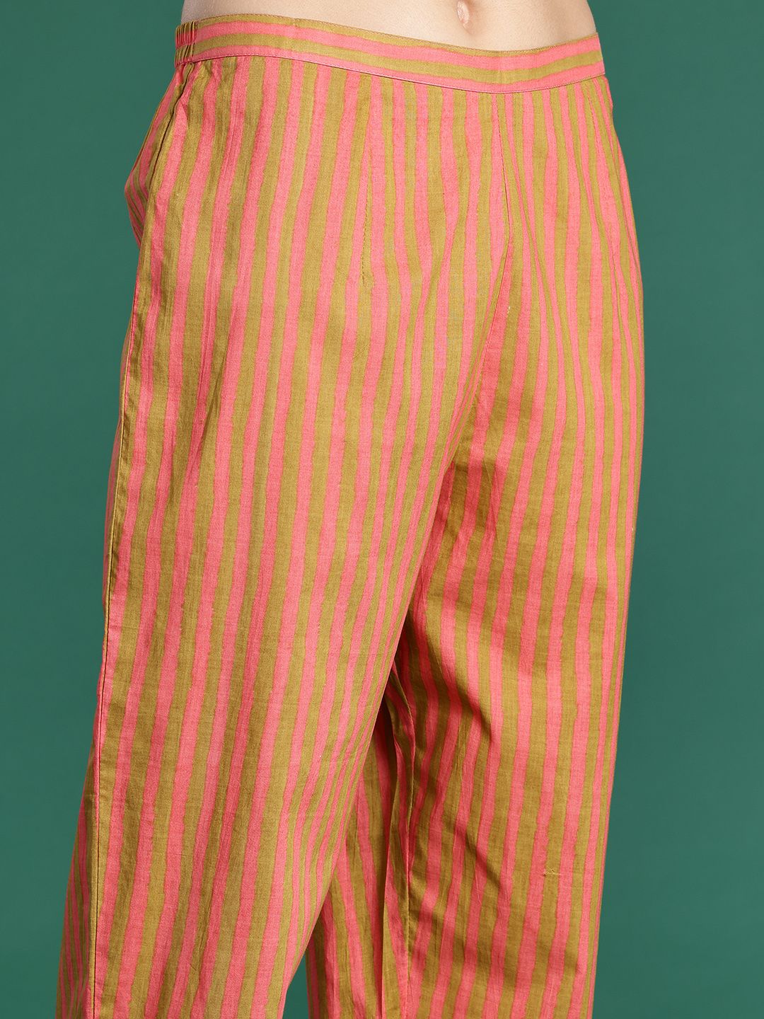Striped Beads & Stones Pure Cotton Kurta With Trousers & Dupatta