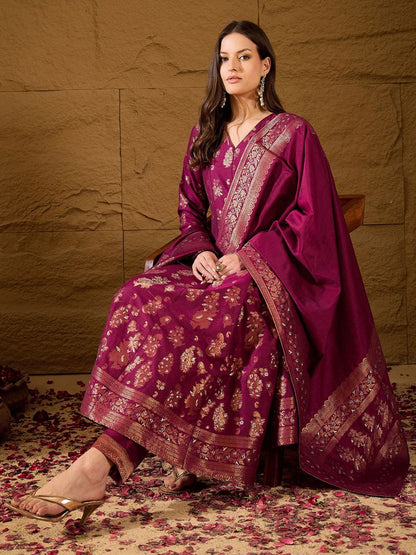 Dhiyona PD Women Women Floral Woven Design Chanderi Kurta with Palazzo & Dupatta