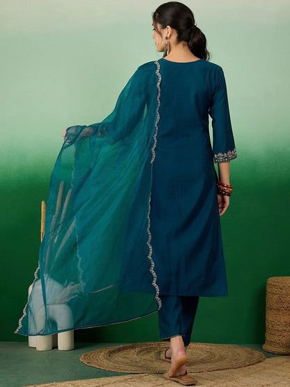 Dhiyona SN Women's Teal Green Floral Embroidered V-Neck Straight Kurta With Trouser & Dupatta