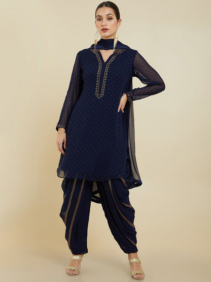 Dhiyona SO Women's Women Ethnic Motifs Silk Georgette Kurta with Dhoti Pants & With Dupatta