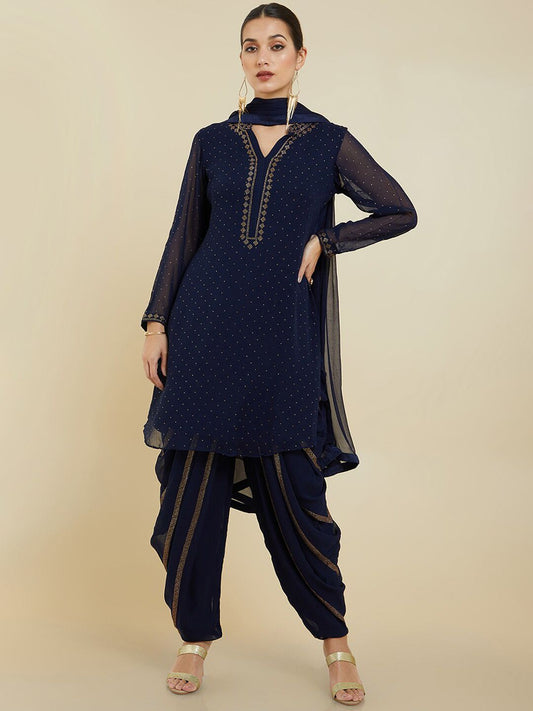 Dhiyona SO Women's Women Ethnic Motifs Silk Georgette Kurta with Dhoti Pants & With Dupatta