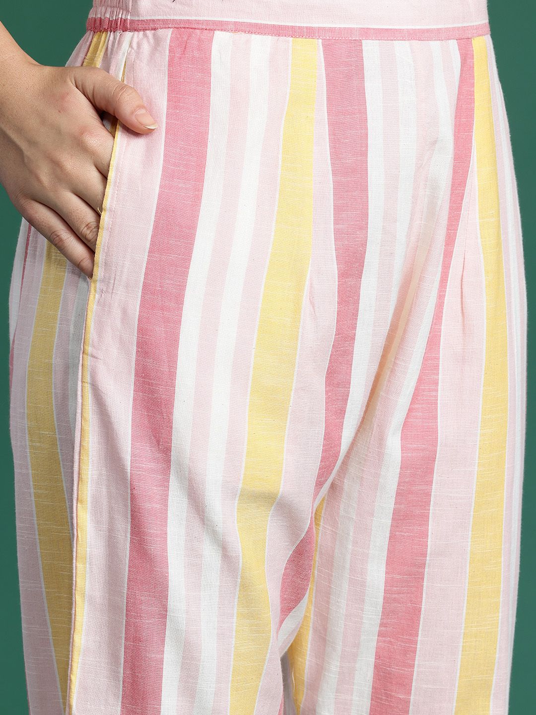 Striped Thread Work Pure Cotton Kurta with Trousers