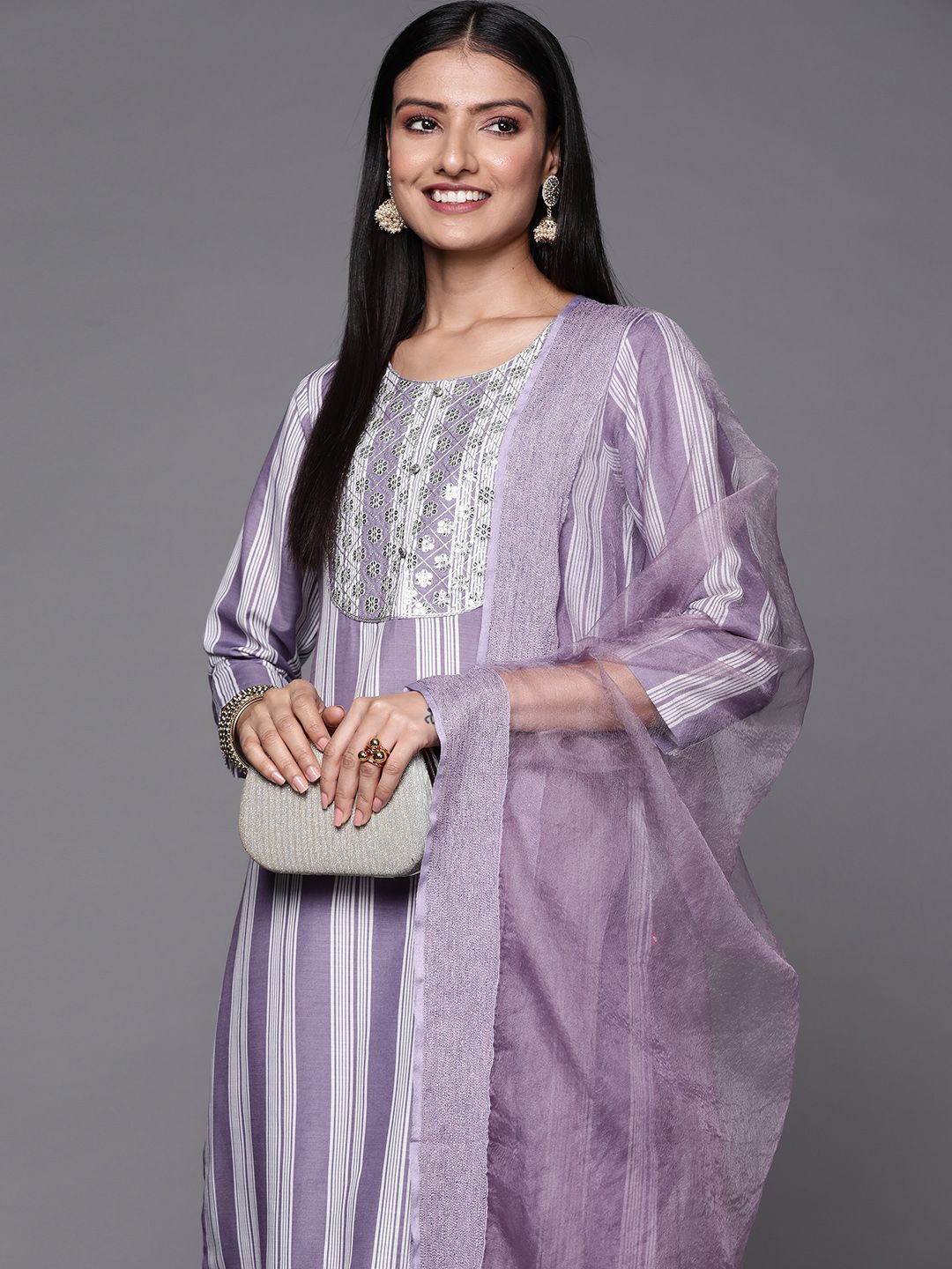 Dhiyona VA Women's Lavender & White Embroidered Kurta with Trousers & Dupatta