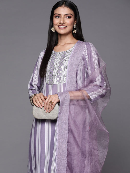 Dhiyona VA Women's Lavender & White Embroidered Kurta with Trousers & Dupatta