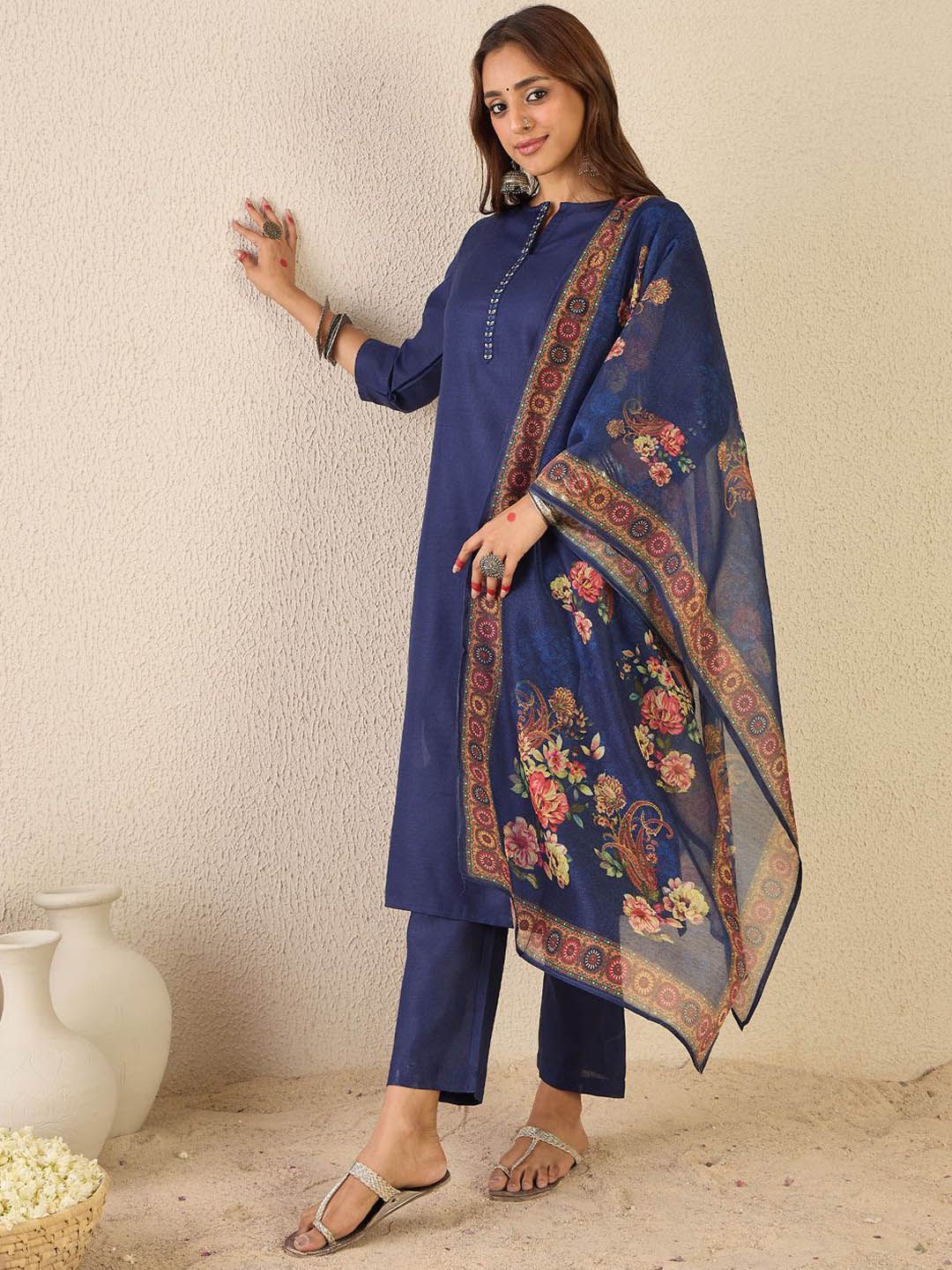 Notch Neck Straight Kurta With Trousers & Dupatta