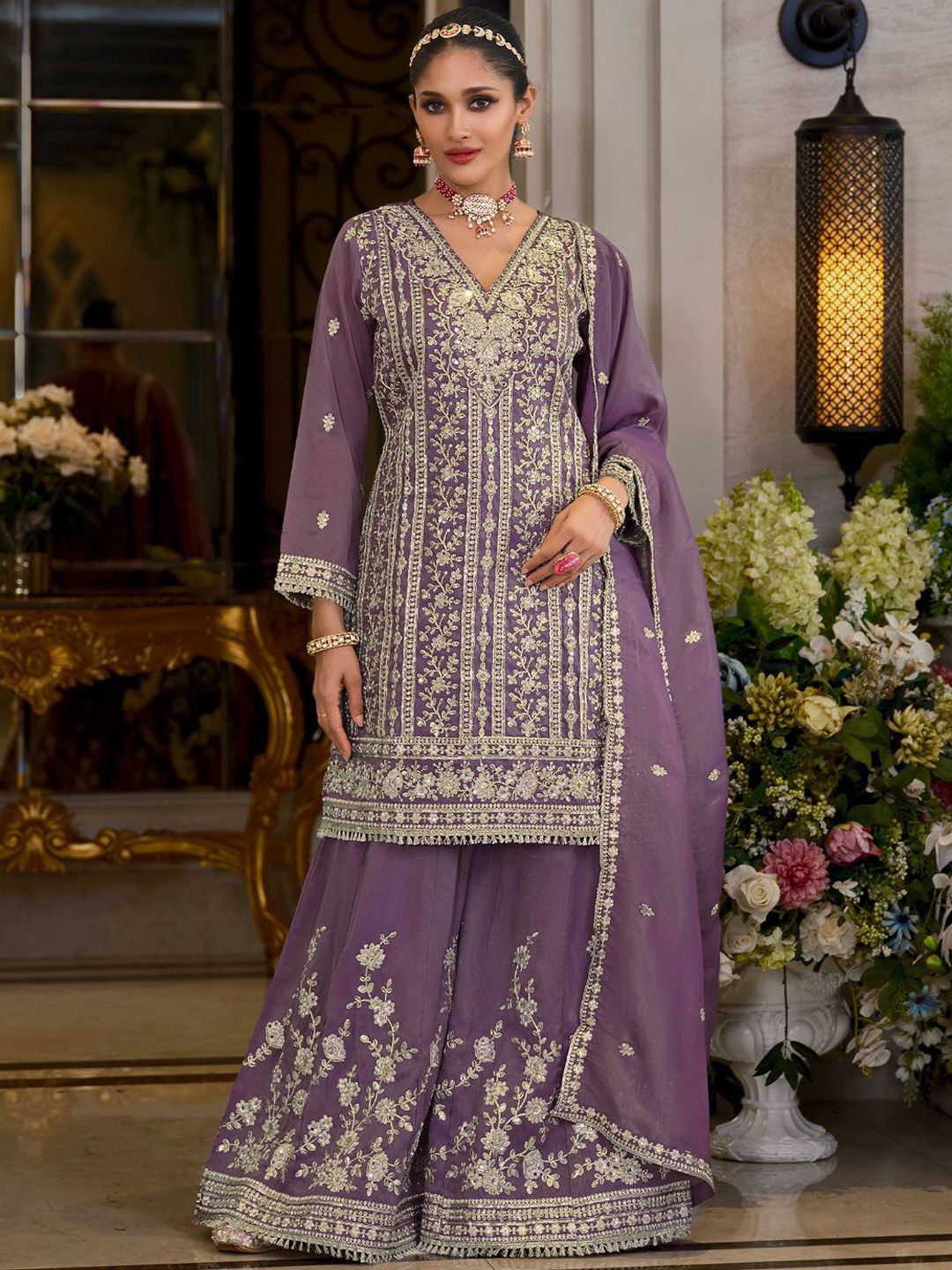 Dhiyona IE Women Ethnic Motifs Embroidered Kurta with Sharara & Dupatta