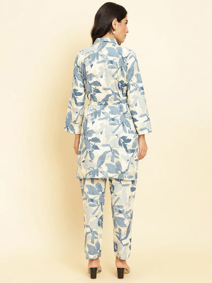 Dhiyona VA Women'sFloral Printed Thread Work Shirt Collar Kurta With Trousers