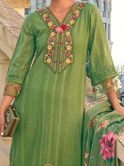Dhiyona IE Floral Embroidered Thread Work Pure Cotton Kurta with Trousers & Dupatta