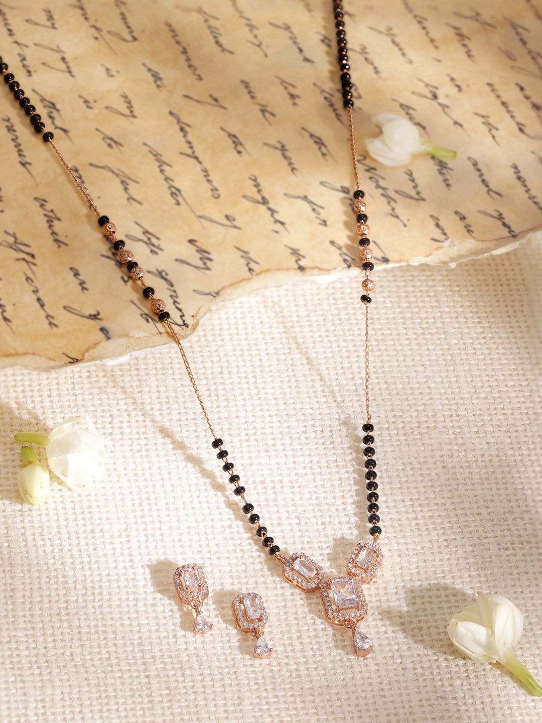 Dhiyona RJ Women's 22K Rose Gold Plated AD & CZ Stone Studded Black Beads Mangalsutra Set