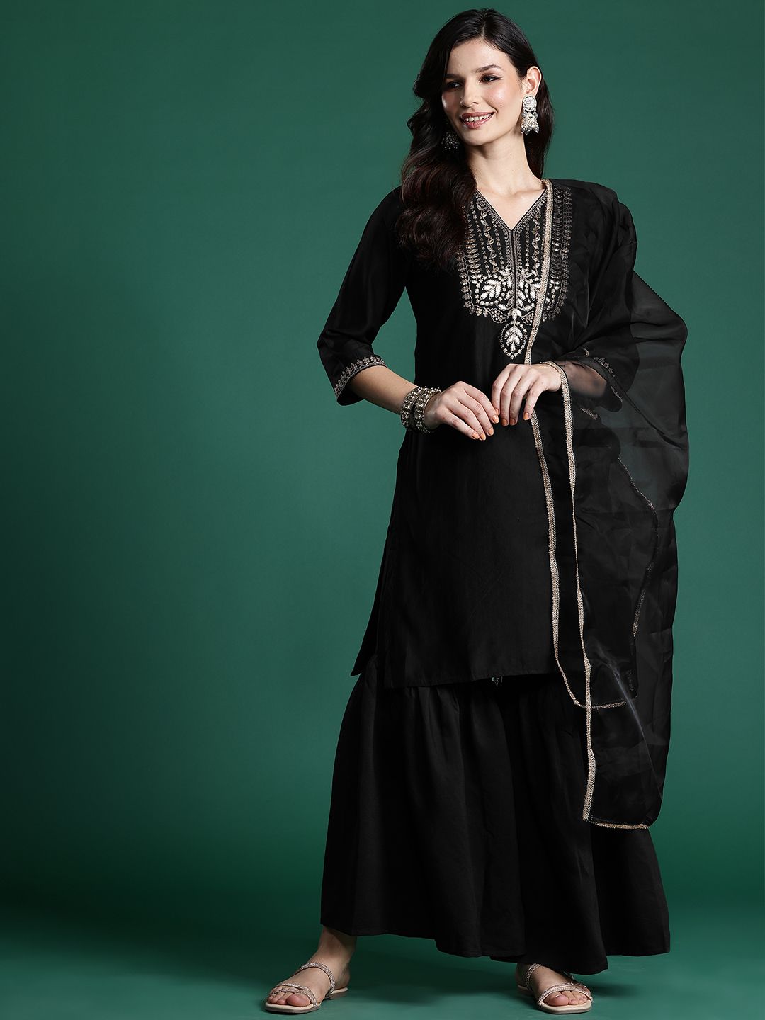Dhiyona IE Ethnic Motifs Zari Embroidered Liva Kurta With Sharara & Dupatta