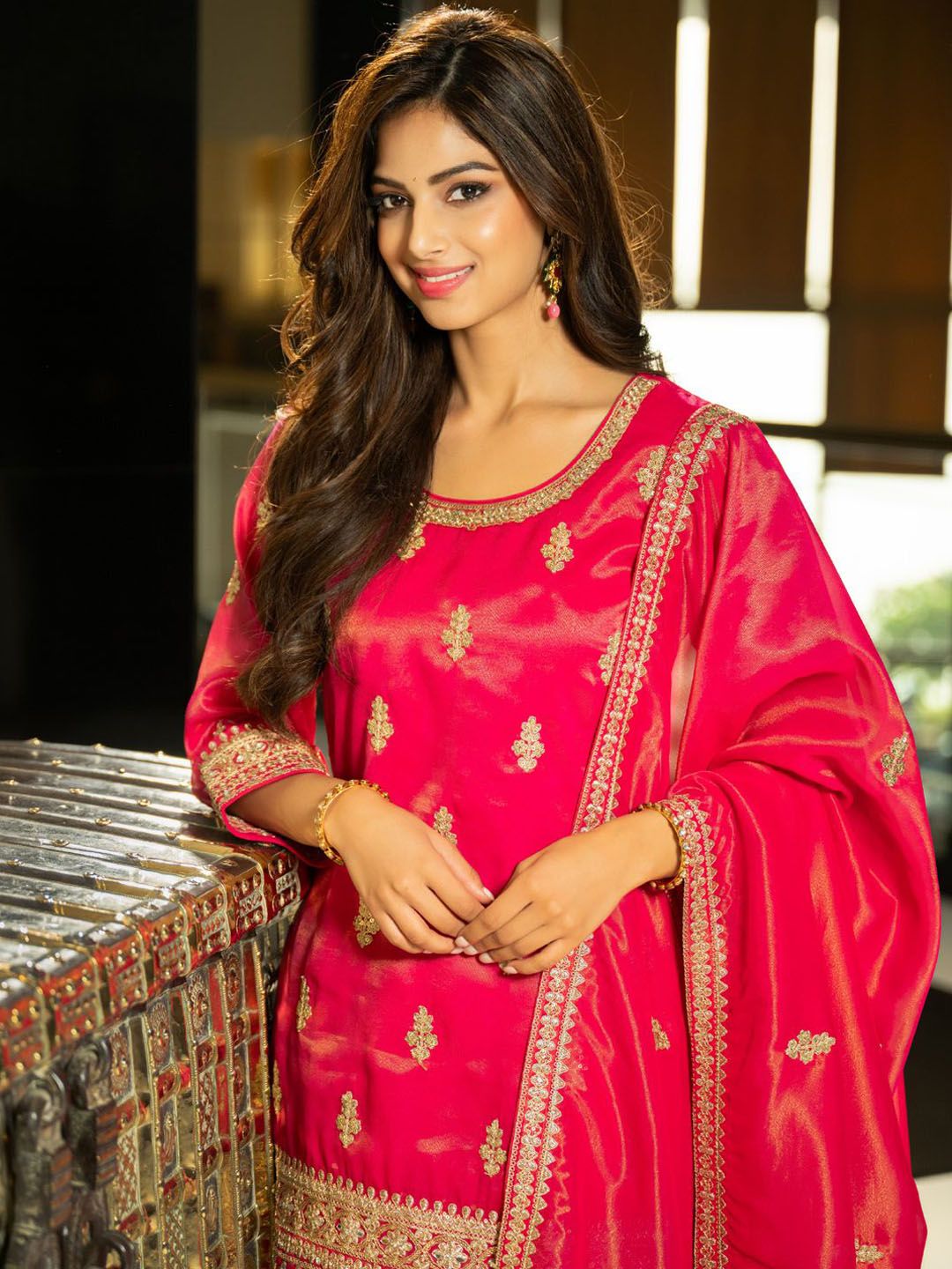 Floral Embroidered Sequnnied Straight Kurta With Palazzos & Dupatta