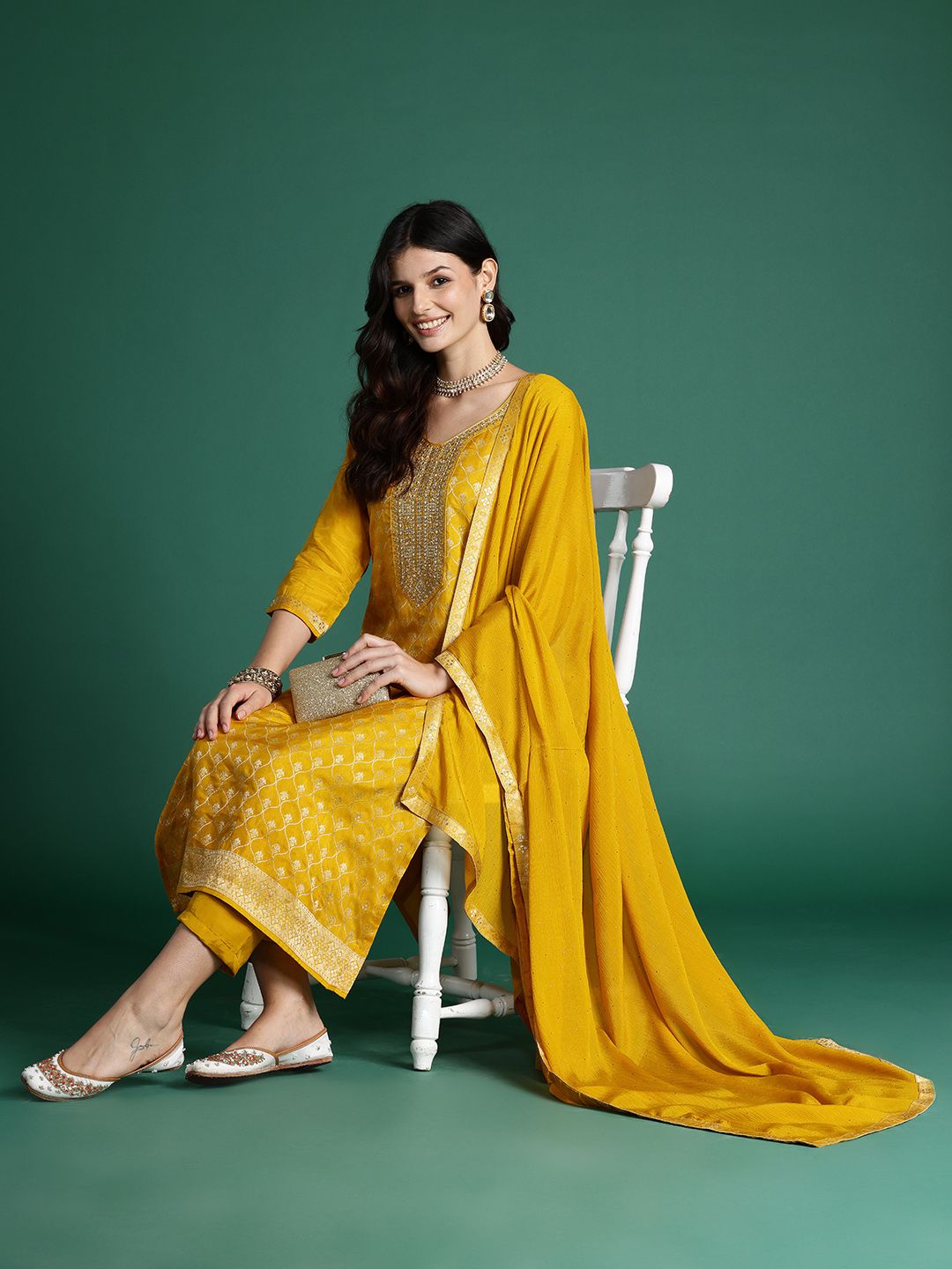 Ethnic Motifs Regular Kurta with Trousers & With Dupatta