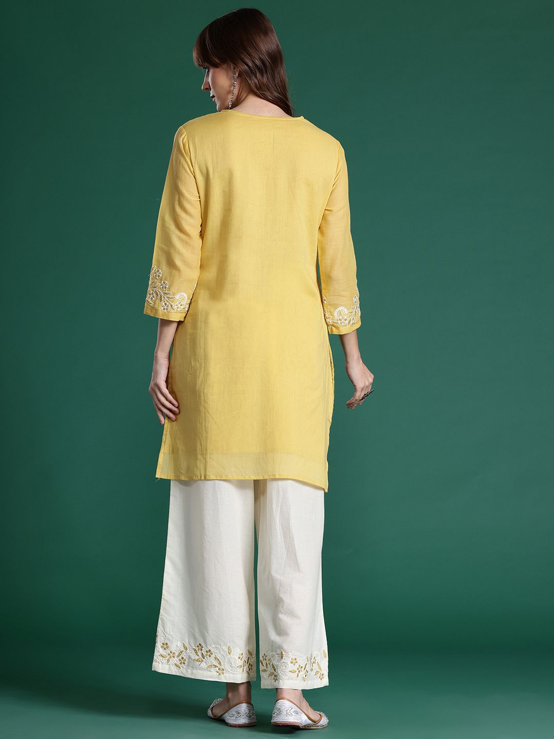 Floral Embroidered Thread Work Pure Cotton Kurti with Trousers