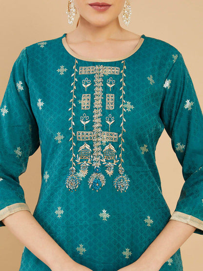 Dhiyona SO Women's Women Teal Floral Thread Work Chanderi Cotton Kurta with Trousers