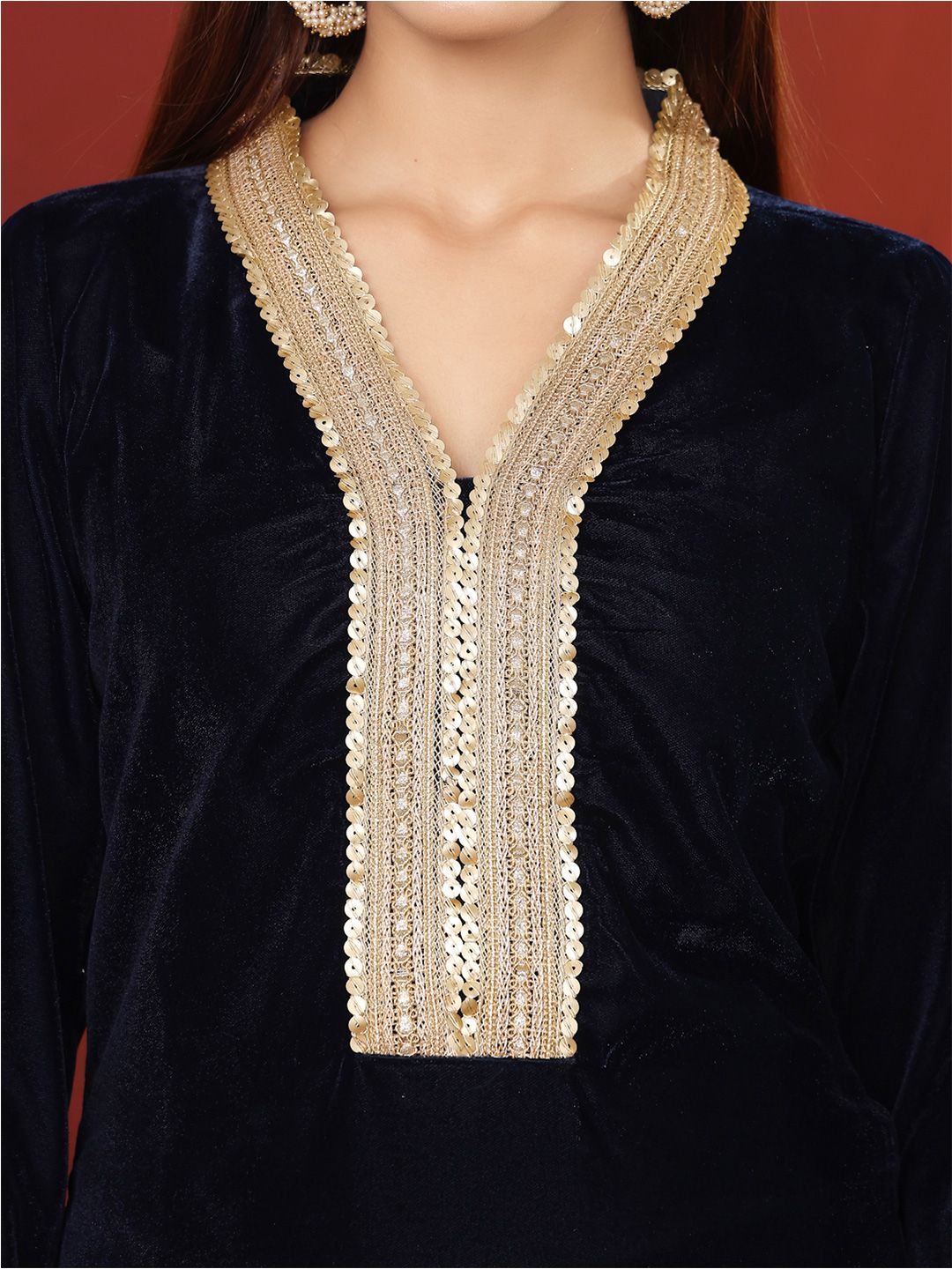 Dhiyona VA Women'sNavy Blue Embroidered Sequined Straight Kurta with Trousers & Dupatta