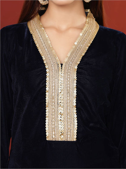 Dhiyona VA Women'sNavy Blue Embroidered Sequined Straight Kurta with Trousers & Dupatta